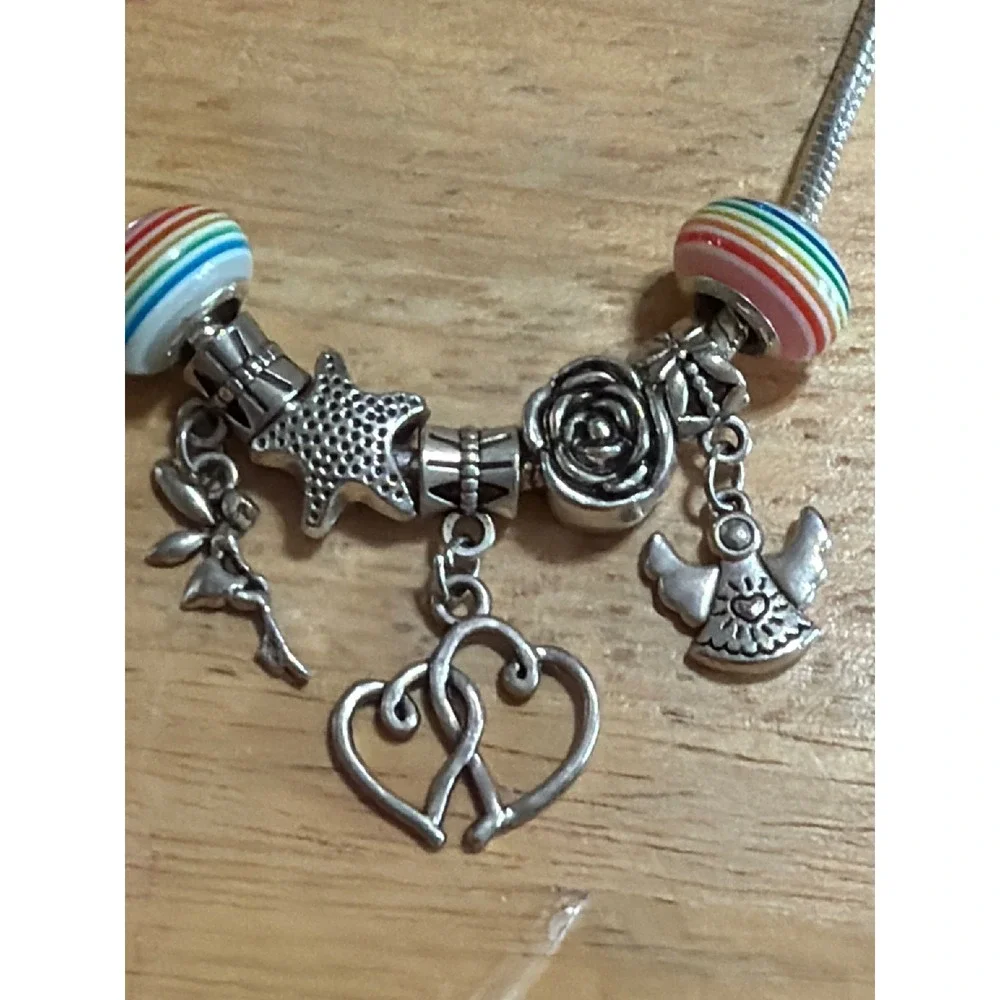 Silver Tone Charm Bracelet Fairy Angel Hearts Star Rainbow Beads Whimsical  1047